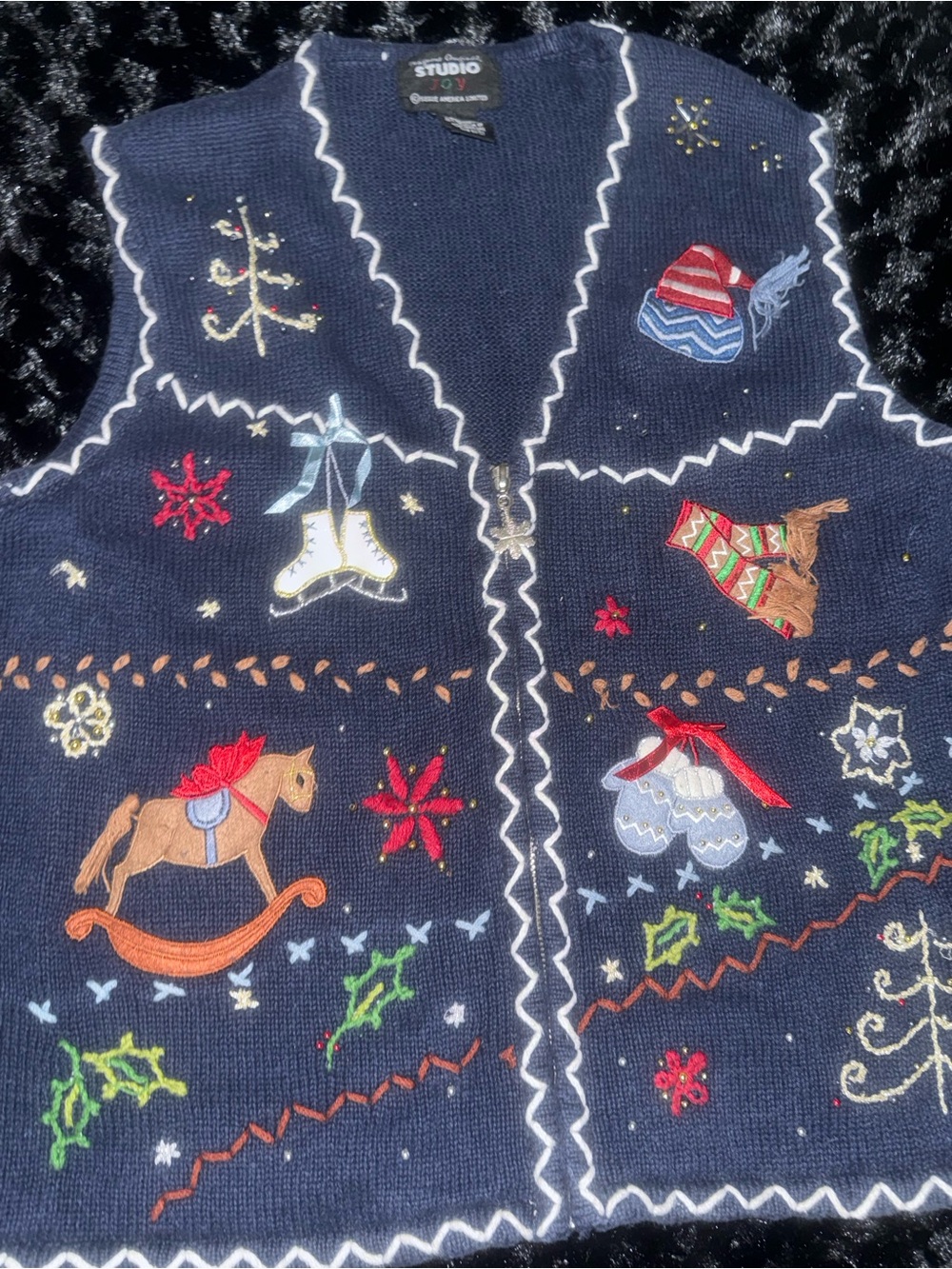 Studio Navy Embroidered Holiday Vest